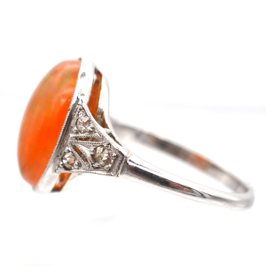 Art Deco 18ct White Gold & Platinum, Natural Mexican Fire Opal with Play of Colour & Diamond Ring | Parkin and Gerrish | Antique & Vintage Jewellery