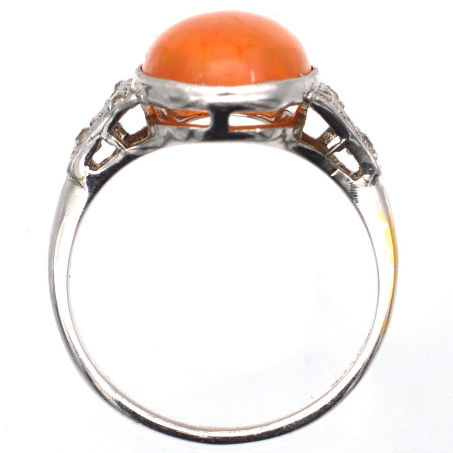 Art Deco 18ct White Gold & Platinum, Natural Mexican Fire Opal with Play of Colour & Diamond Ring | Parkin and Gerrish | Antique & Vintage Jewellery