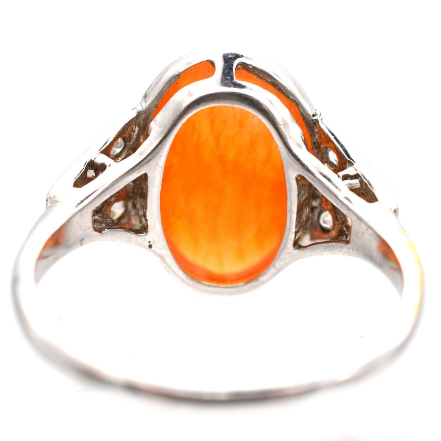 Art Deco 18ct White Gold & Platinum, Natural Mexican Fire Opal with Play of Colour & Diamond Ring | Parkin and Gerrish | Antique & Vintage Jewellery