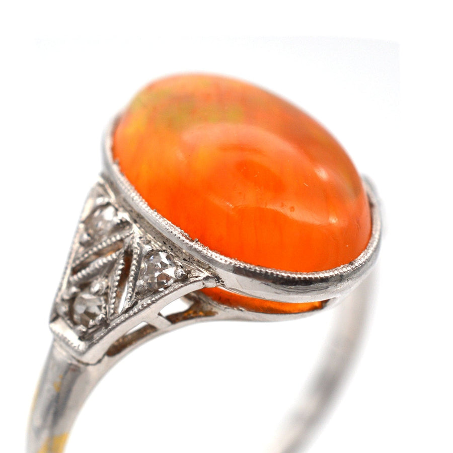 Art Deco 18ct White Gold & Platinum, Natural Mexican Fire Opal with Play of Colour & Diamond Ring | Parkin and Gerrish | Antique & Vintage Jewellery