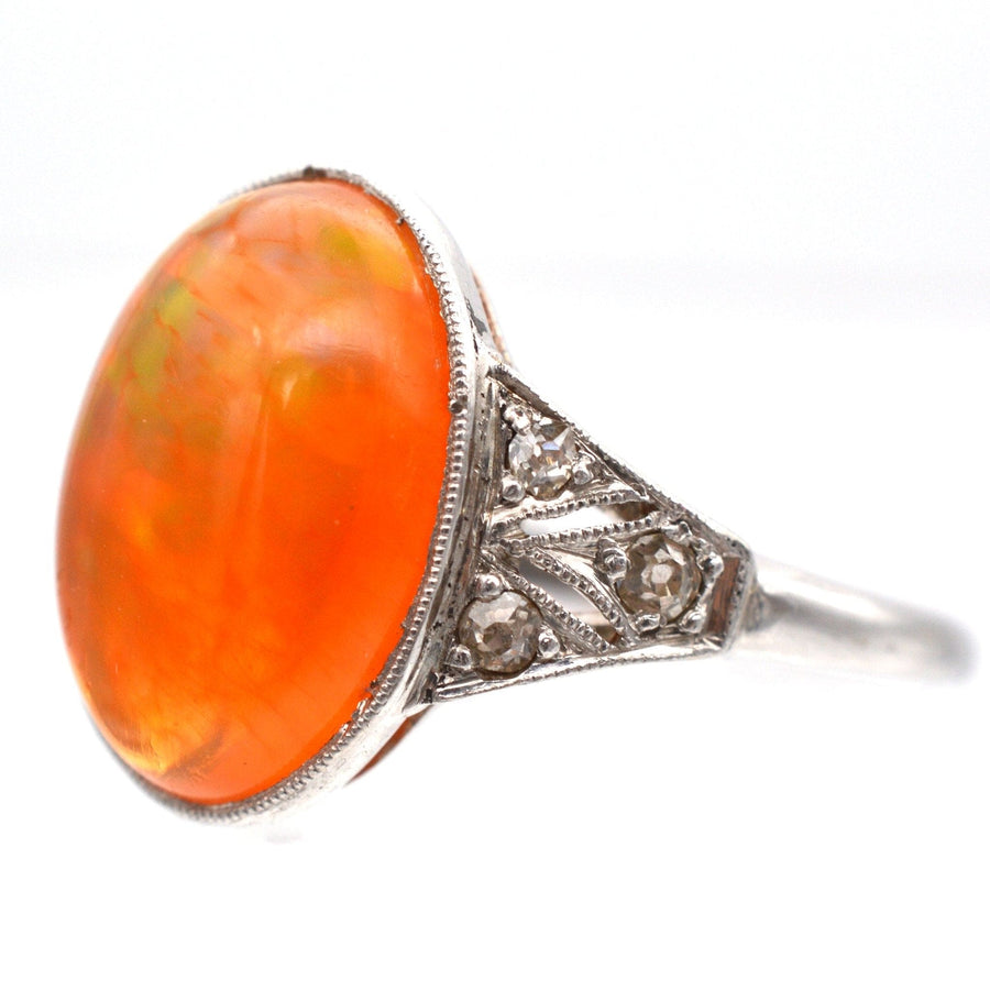 Art Deco 18ct White Gold & Platinum, Natural Mexican Fire Opal with Play of Colour & Diamond Ring | Parkin and Gerrish | Antique & Vintage Jewellery