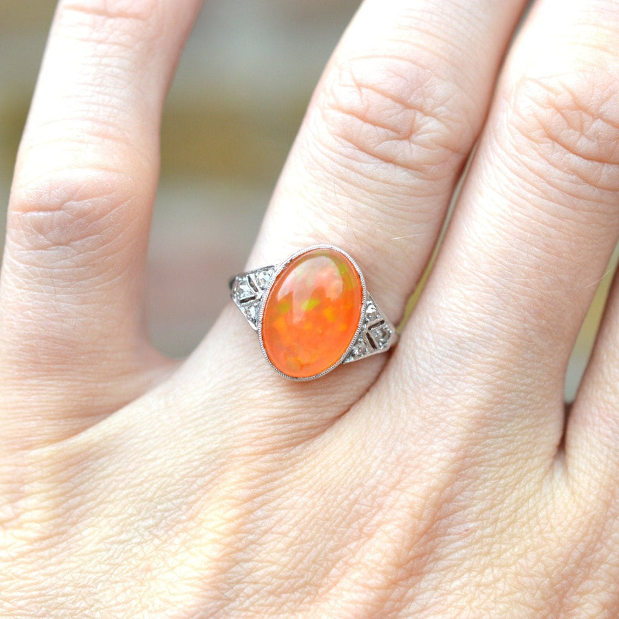 Art Deco 18ct White Gold & Platinum, Natural Mexican Fire Opal with Play of Colour & Diamond Ring | Parkin and Gerrish | Antique & Vintage Jewellery