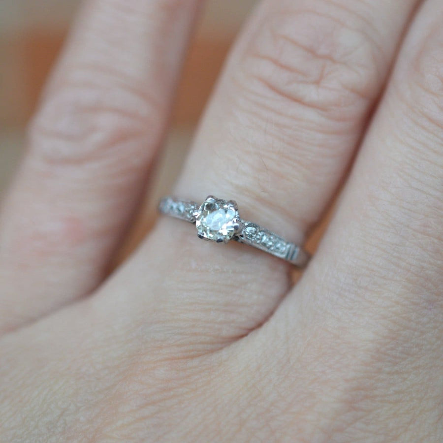 Art Deco 18ct White Gold & Platinum Old Mine Cut Diamond Solitaire Ring | Parkin and Gerrish | Antique & Vintage Jewellery