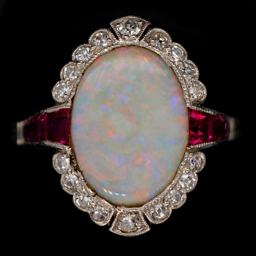 Art Deco 18ct White Gold & Platinum, Opal & Burma Ruby Ring | Parkin and Gerrish | Antique & Vintage Jewellery