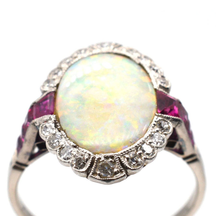 Art Deco 18ct White Gold & Platinum, Opal & Burma Ruby Ring | Parkin and Gerrish | Antique & Vintage Jewellery