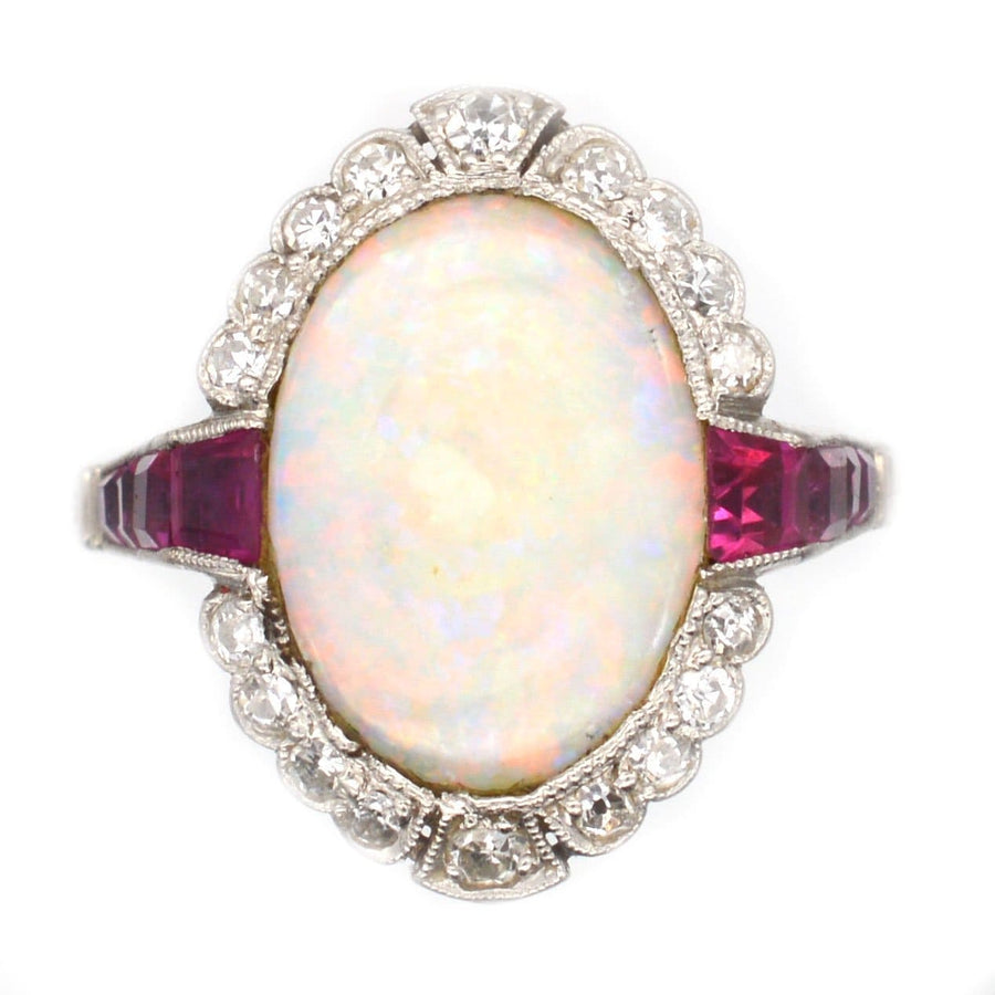 Art Deco 18ct White Gold & Platinum, Opal & Burma Ruby Ring | Parkin and Gerrish | Antique & Vintage Jewellery