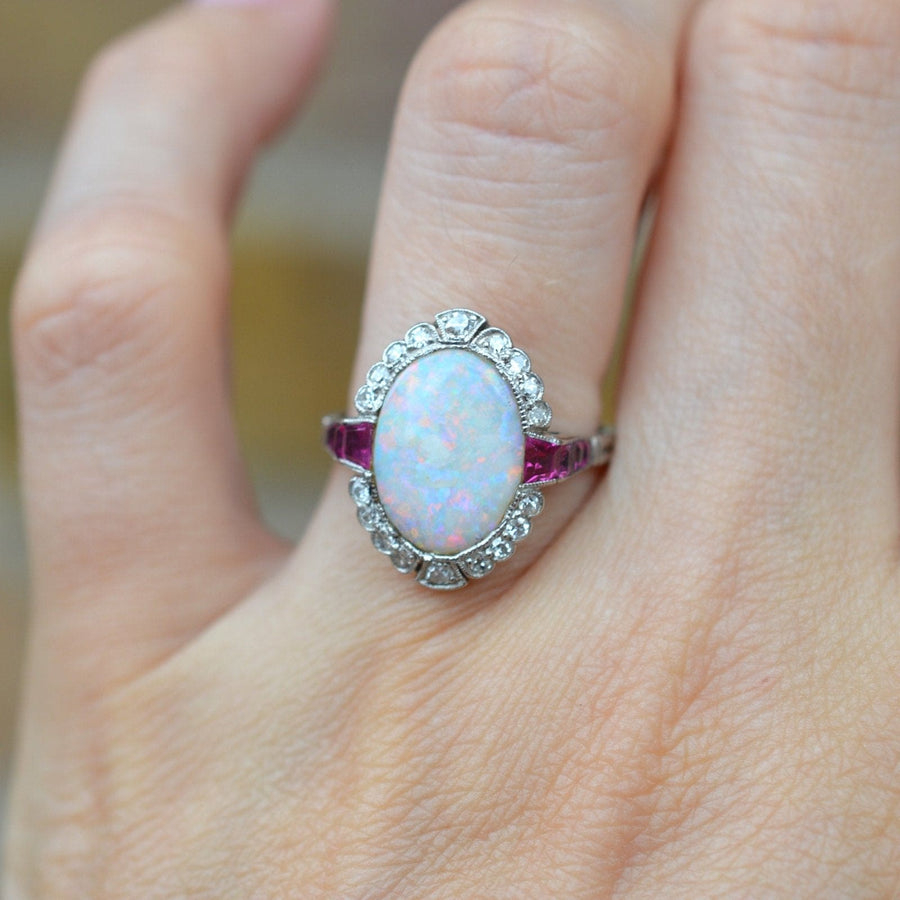 Art Deco 18ct White Gold & Platinum, Opal & Burma Ruby Ring | Parkin and Gerrish | Antique & Vintage Jewellery