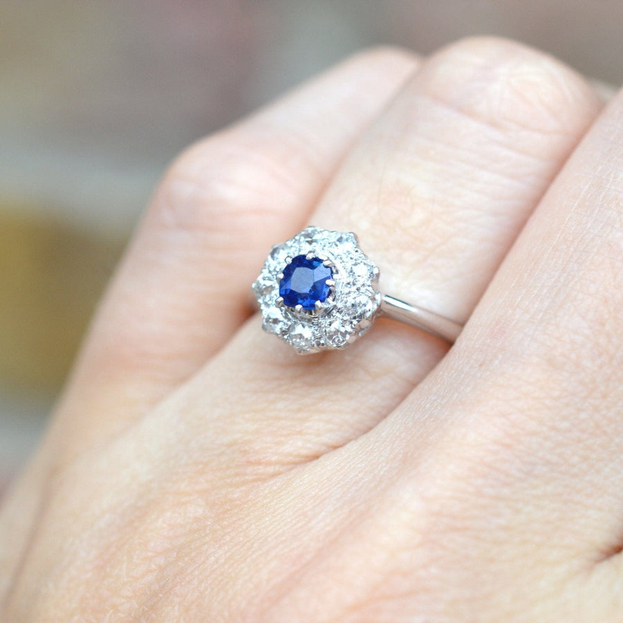 Art Deco 18ct White Gold Sapphire and Diamond Cluster Ring