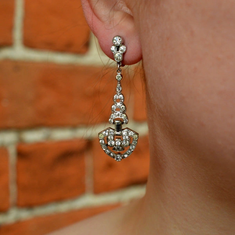 Art Deco 1930s chrome drop earrings with paste stones, stylish and non-pierced screw top design.