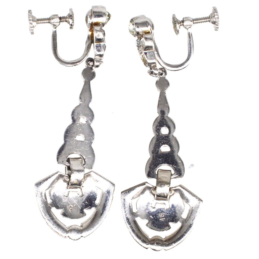 Art Deco 1930s long drop chrome earrings with screw tops, elegant vintage style, perfect for non-pierced ears.