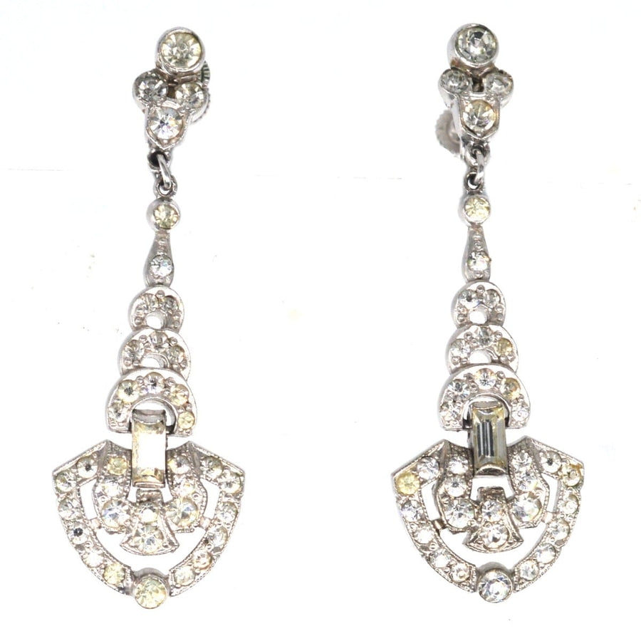 Art Deco 1930s chrome screw top drop earrings with sparkling paste stones, perfect for non-pierced ears.