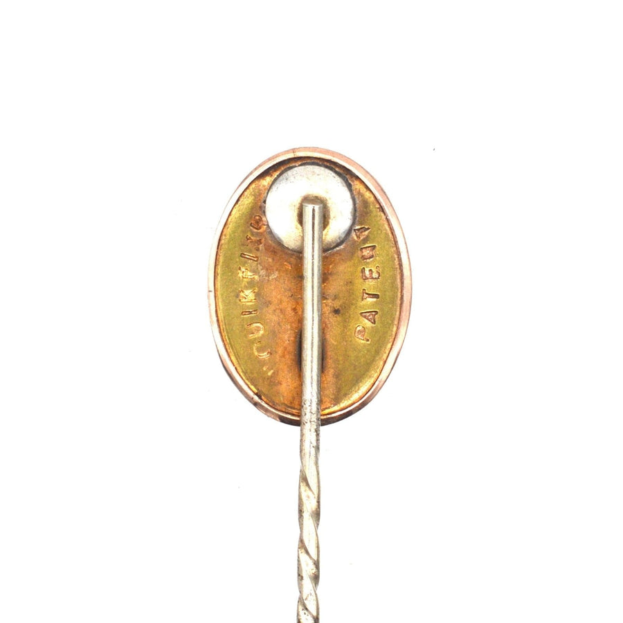 Reverse view of Edwardian 9ct gold banded sardonyx tie pin, showcasing the intricate design and craftsmanship.