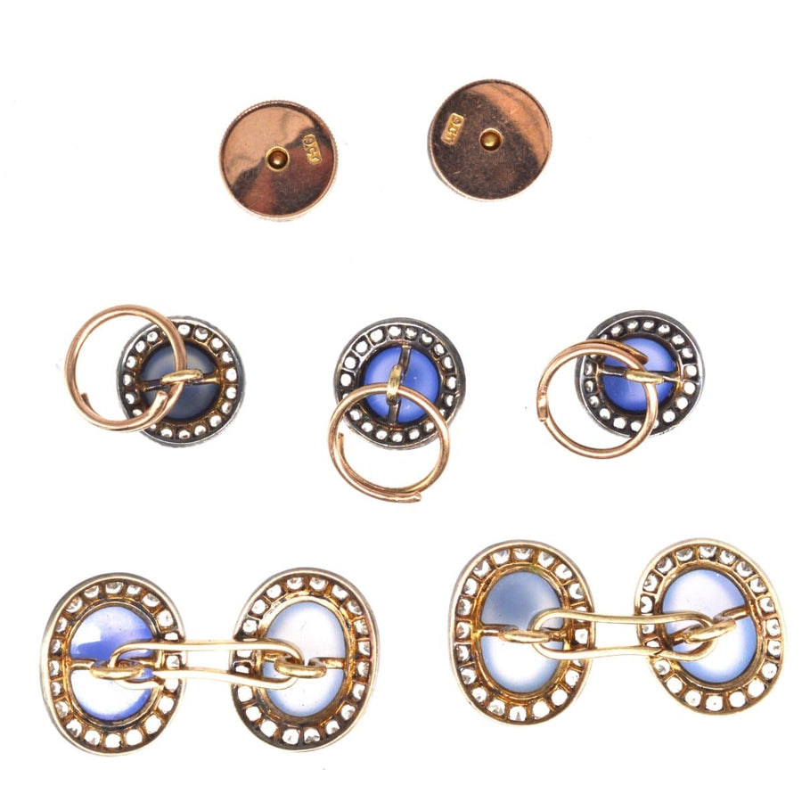 Art Deco 9ct Gold blue chalcedony and white paste dress set, featuring cufflinks and buttons with intricate design.