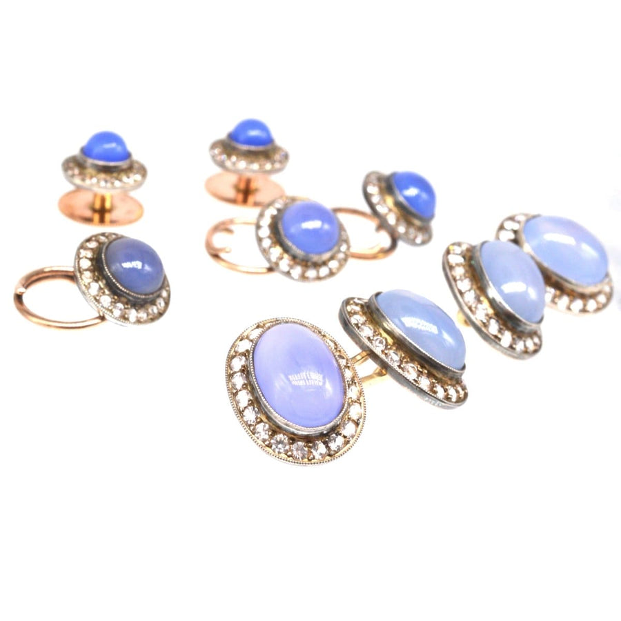 Art Deco 9ct gold blue chalcedony and white paste dress set with cufflinks and stud earrings.