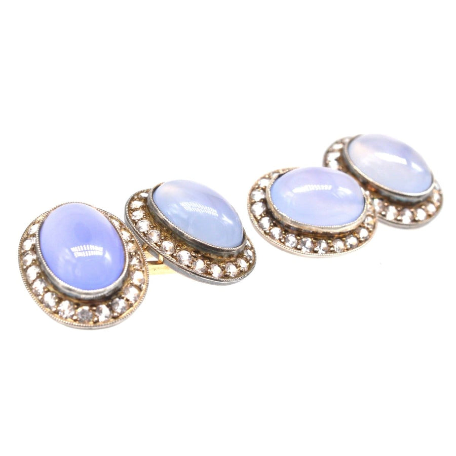 Art Deco gold dress set featuring blue chalcedony stones and white paste accents, elegant for formal wear.