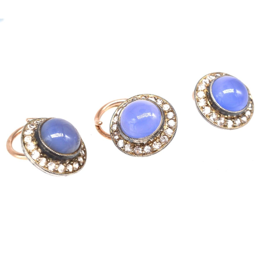 Art Deco 9ct gold dress set featuring blue chalcedony and white paste stones, showcasing intricate craftsmanship.