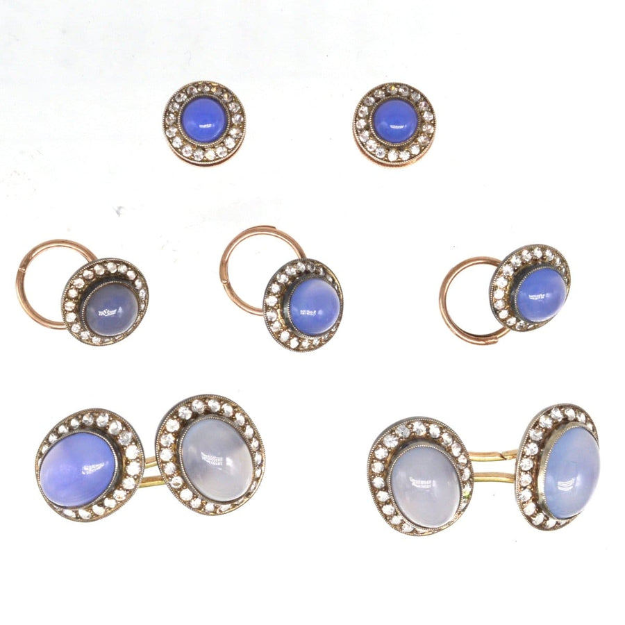 Art Deco 9ct gold dress set featuring blue chalcedony and white paste stones, elegant cufflinks and buttons.