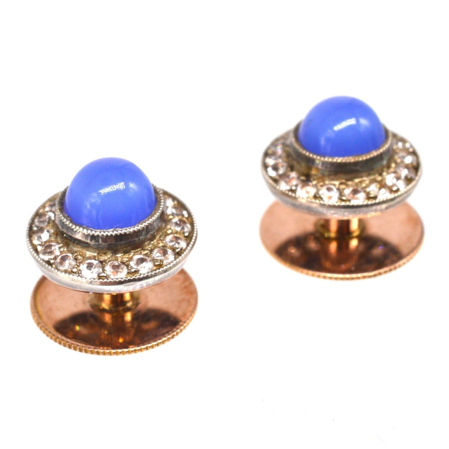 Art Deco cufflinks featuring blue chalcedony and sparkling white paste accents, crafted in 9ct gold.