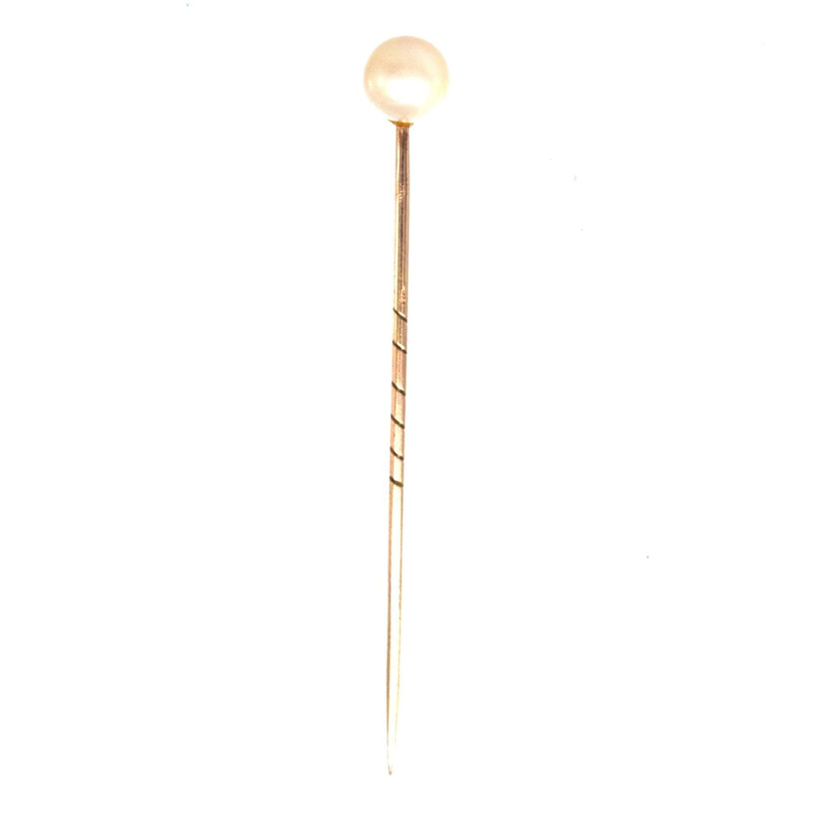 Art Deco 9ct gold cultured pearl tie pin, elegant accessory for ties or lapels, includes stopper for security.