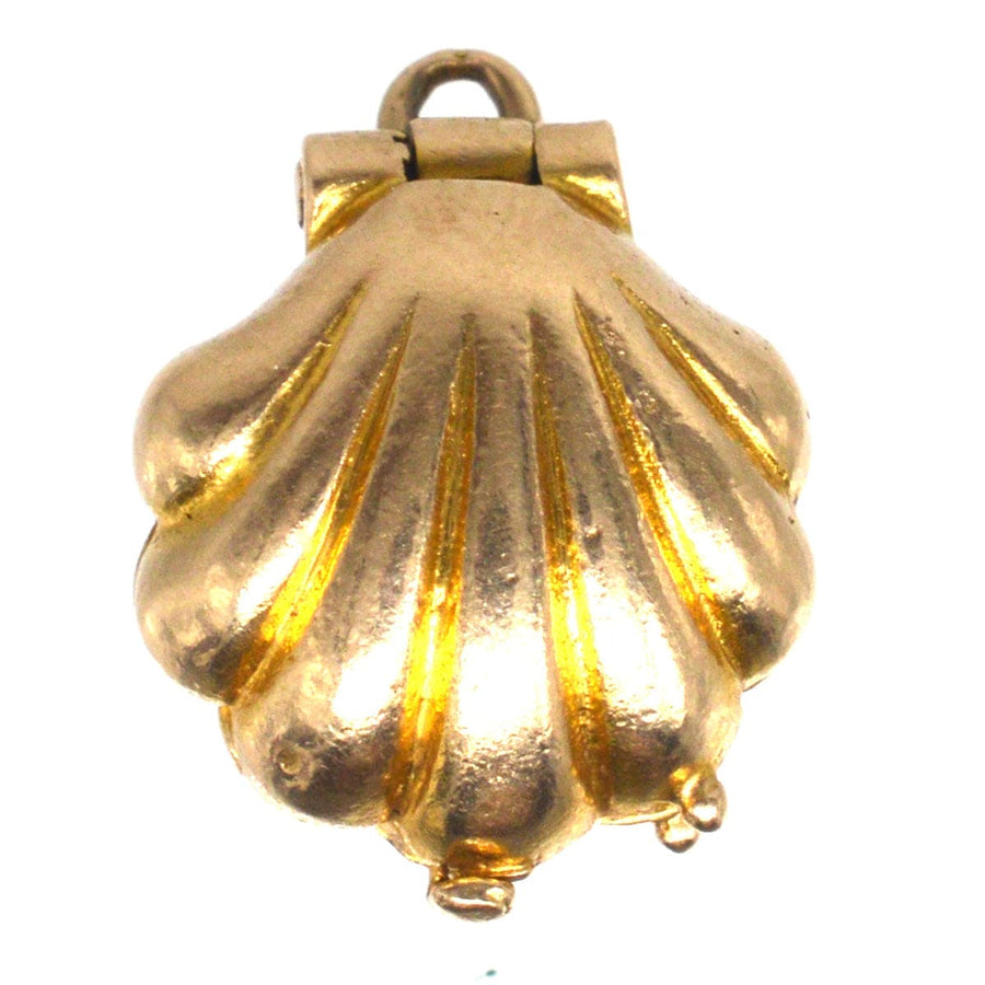 Art Deco 9ct gold scallop shell pendant charm, opens to reveal a pearl, vintage jewellery from 1937.