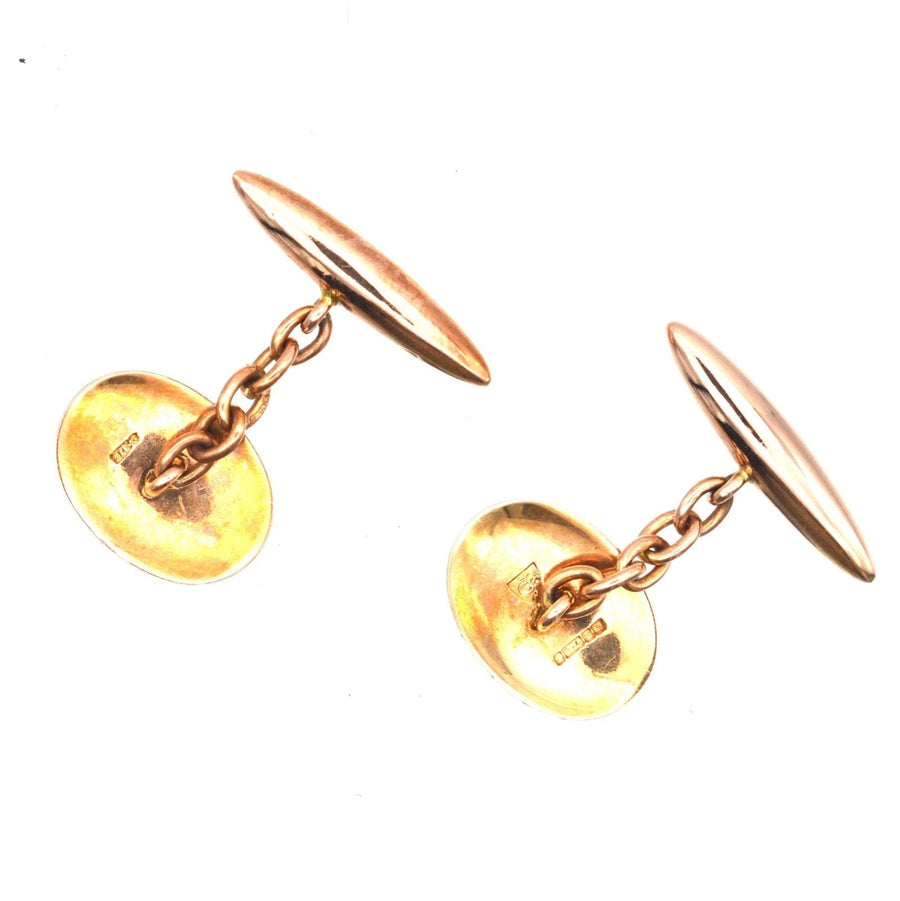 Art Deco 9ct gold plain oval cufflinks from 1920, featuring a classic design with maker's mark 'JC', ideal for formal attire.