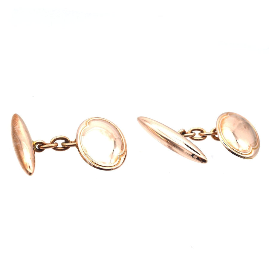 Art Deco 9ct gold plain oval cufflinks from 1920, Birmingham, featuring a classic style and elegant design.