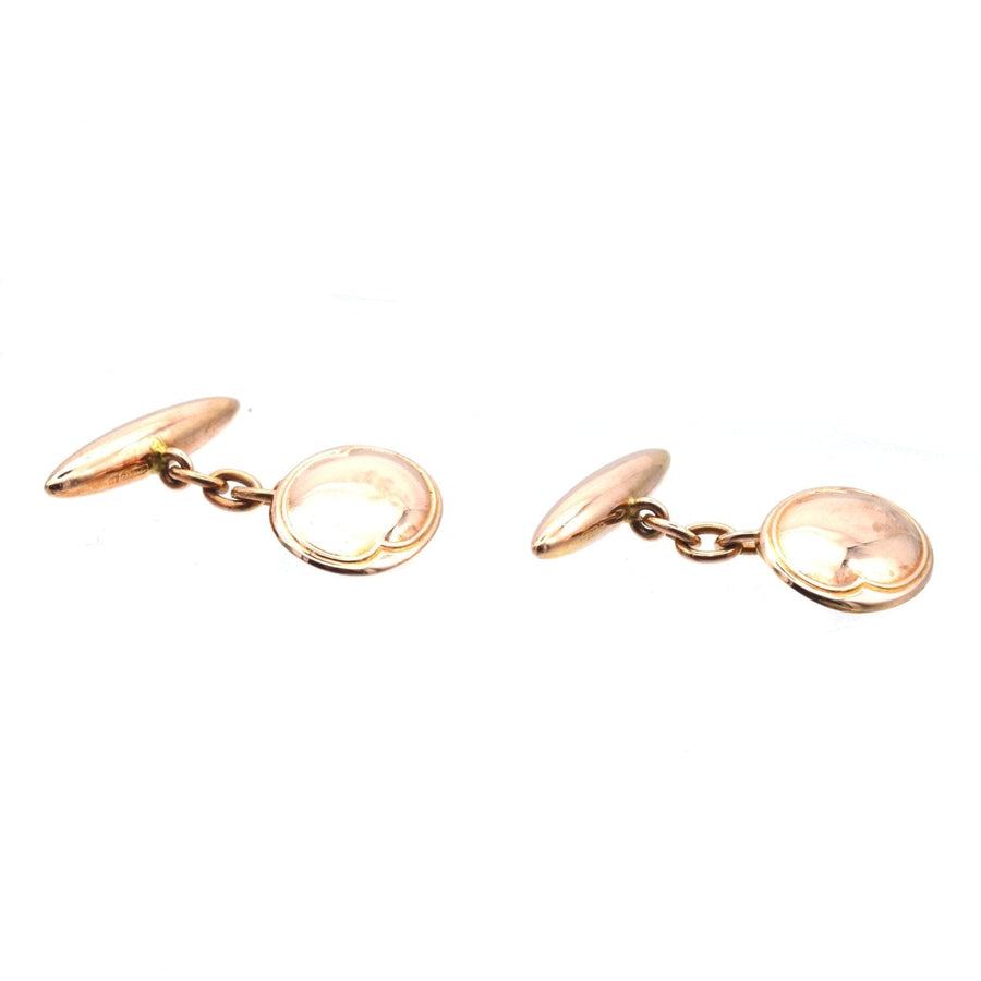 Art Deco 9ct gold plain oval cufflinks, stylish classic design from 1920, crafted in Birmingham.