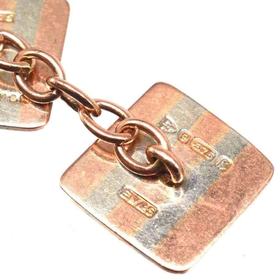 Art Deco 9ct two-colour gold cufflinks featuring intricate engine-turned design and a stylish chain link.