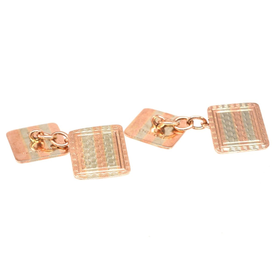 Art Deco 9ct two-colour gold cufflinks with intricate engine-turned design, made in 1927 by E Whitehouse & Son.