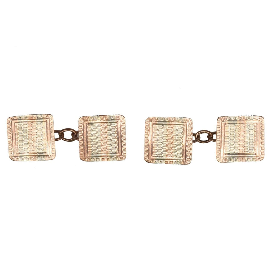 Art Deco 9ct two-colour gold cufflinks with intricate engine-turned design made in Chester, 1927 by E Whitehouse & Son.