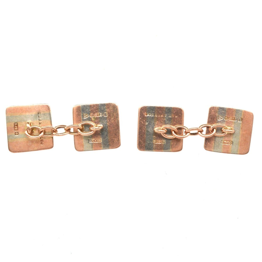Art Deco 9ct two-colour gold cufflinks with geometric design from Chester, 1927 by E Whitehouse & Son.