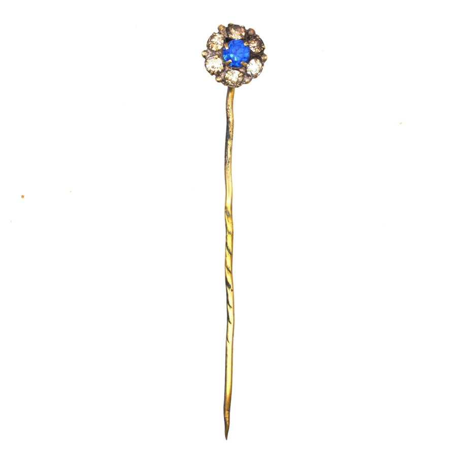 Art Deco blue and white paste cluster tie pin, perfect for adding elegance to silk ties. Includes stoppers for secure fastening.