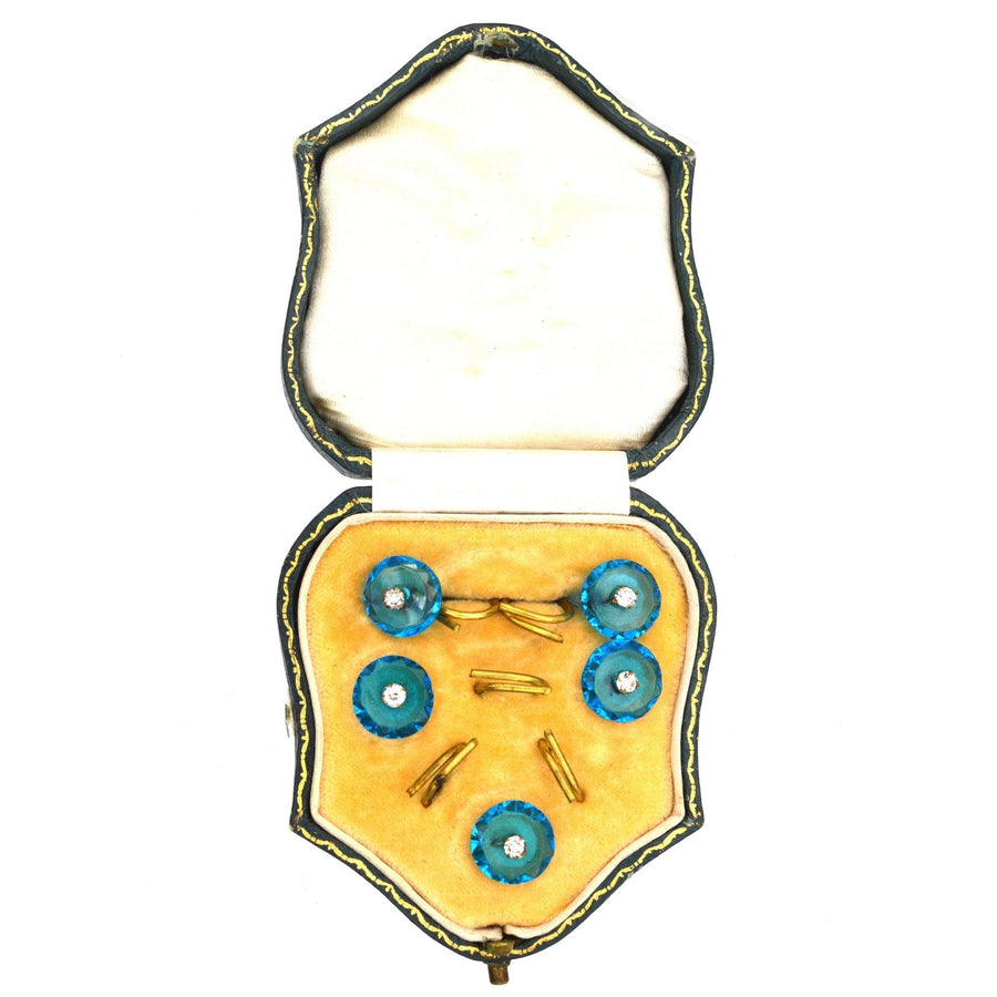 Art Deco blue and white paste dress set in original case, featuring stunning cufflinks and shirt studs.