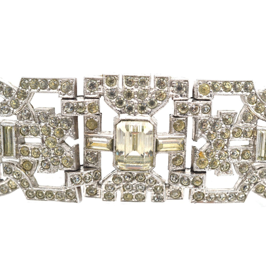 Art Deco chrome diamond paste bracelet featuring bold architectural design and sparkling gem-like elements.