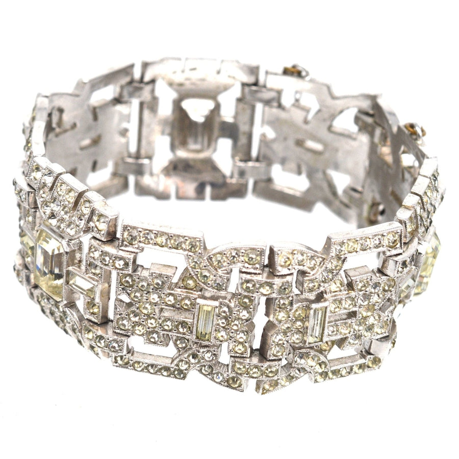 Art Deco chrome diamond paste bracelet with intricate geometric design and sparkling stones, showcasing vintage elegance.
