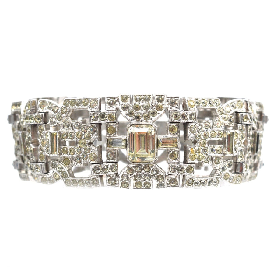 Art Deco chrome "Diamond" paste bracelet featuring bold intricate design and shimmering faux diamonds.