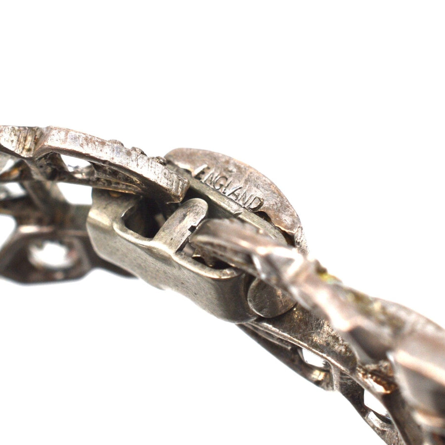 Close-up of Art Deco Ciro Silver Paste Bracelet clasp showing hallmark SCP England, showcasing fine craftsmanship.