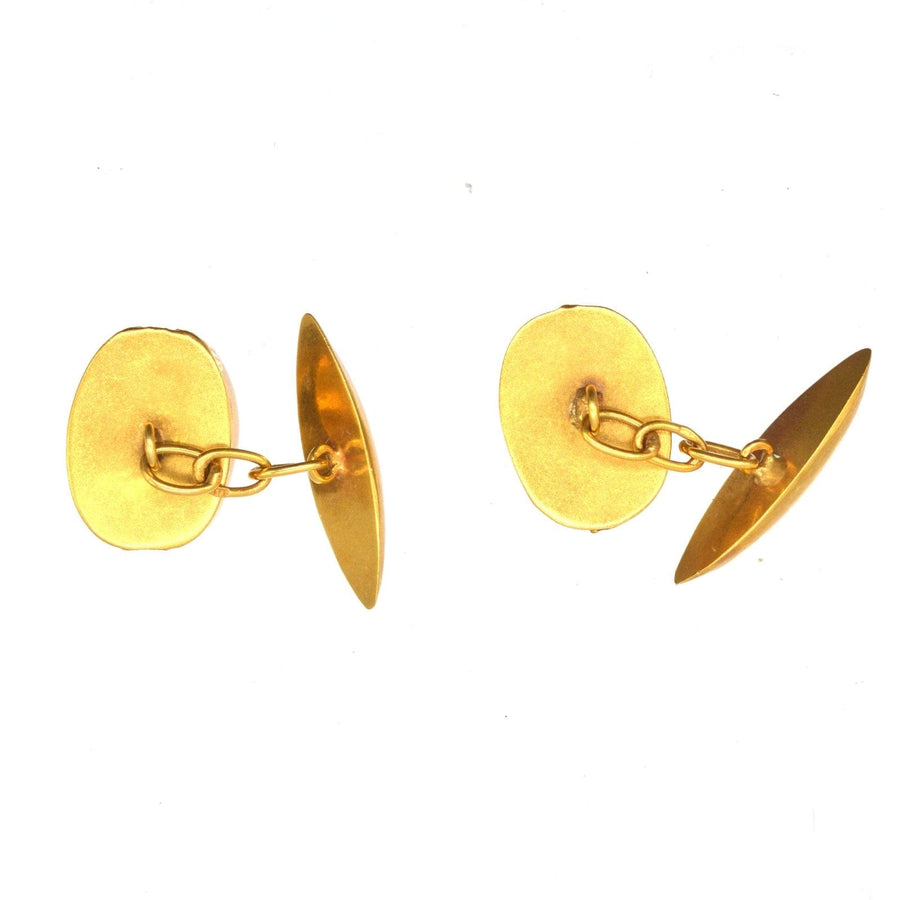 Art Deco Egyptian Revival 18ct gold scarab cufflinks showcasing elegant design and vintage charm.