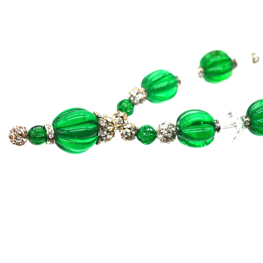 Art Deco emerald green and white rhinestone beaded necklace by Miriam Haskell, vintage 1930s-1940s design.
