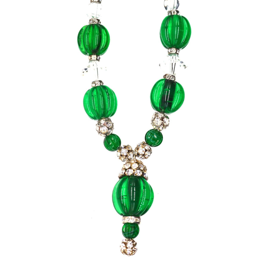 Art Deco emerald green and white glass beaded necklace with rhinestones by Miriam Haskell, 1930s-1940s vintage jewelry.