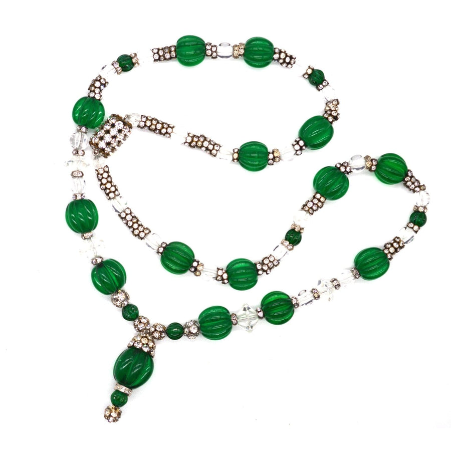 Art Deco emerald green and white glass beaded necklace by Miriam Haskell, vintage 1930s-1940s design with rhinestone accents.