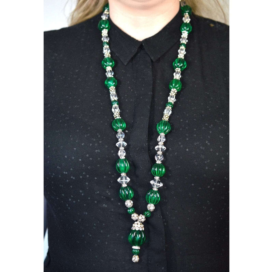 Art Deco emerald green and white glass beaded necklace with rhinestones by Miriam Haskell, 1930s-1940s vintage jewelry.