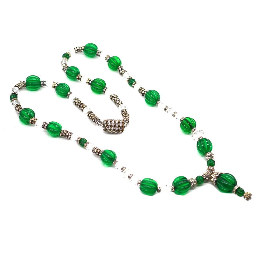 Art Deco green and white glass rhinestone beaded necklace by Miriam Haskell, 1930s-1940s design.