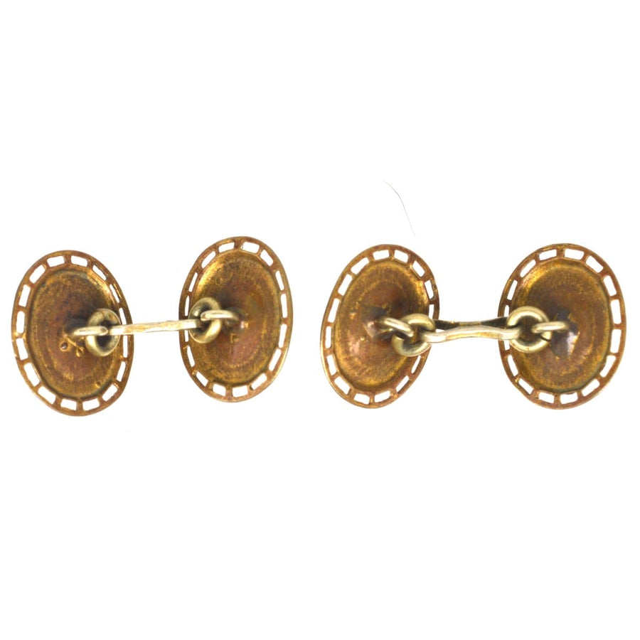 Art Deco gilt metal green paste cufflinks with oval design, perfect for stylish and affordable costume jewellery.