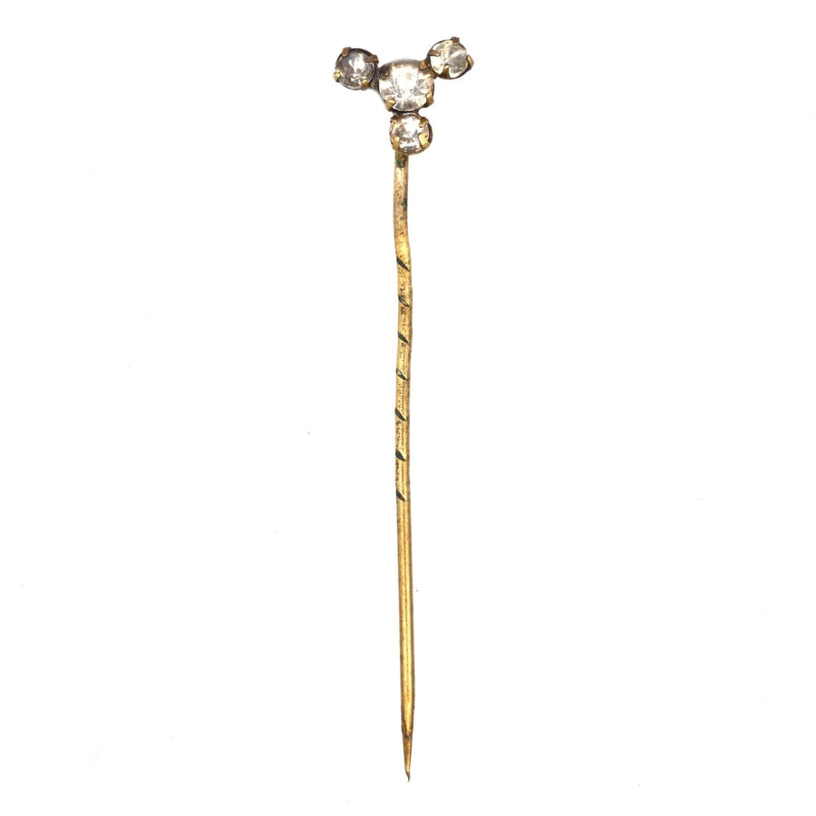 Art Deco gilt metal tie pin with three sparkling paste stones, perfect accessory for colorful silk ties.
