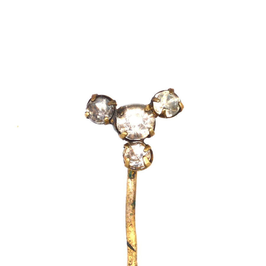 Art Deco gilt metal trio tie pin featuring sparkling paste gems, perfect for adding elegance to silk ties.