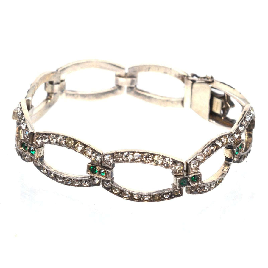 Elegant Art Deco green and white paste bracelet, resembling diamonds and emeralds, perfect for cocktail parties.