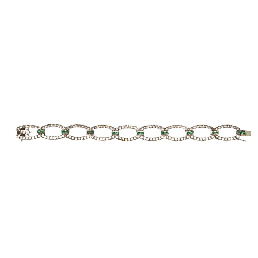 Art Deco green and white paste bracelet designed to resemble diamonds and emeralds, perfect for cocktail parties.