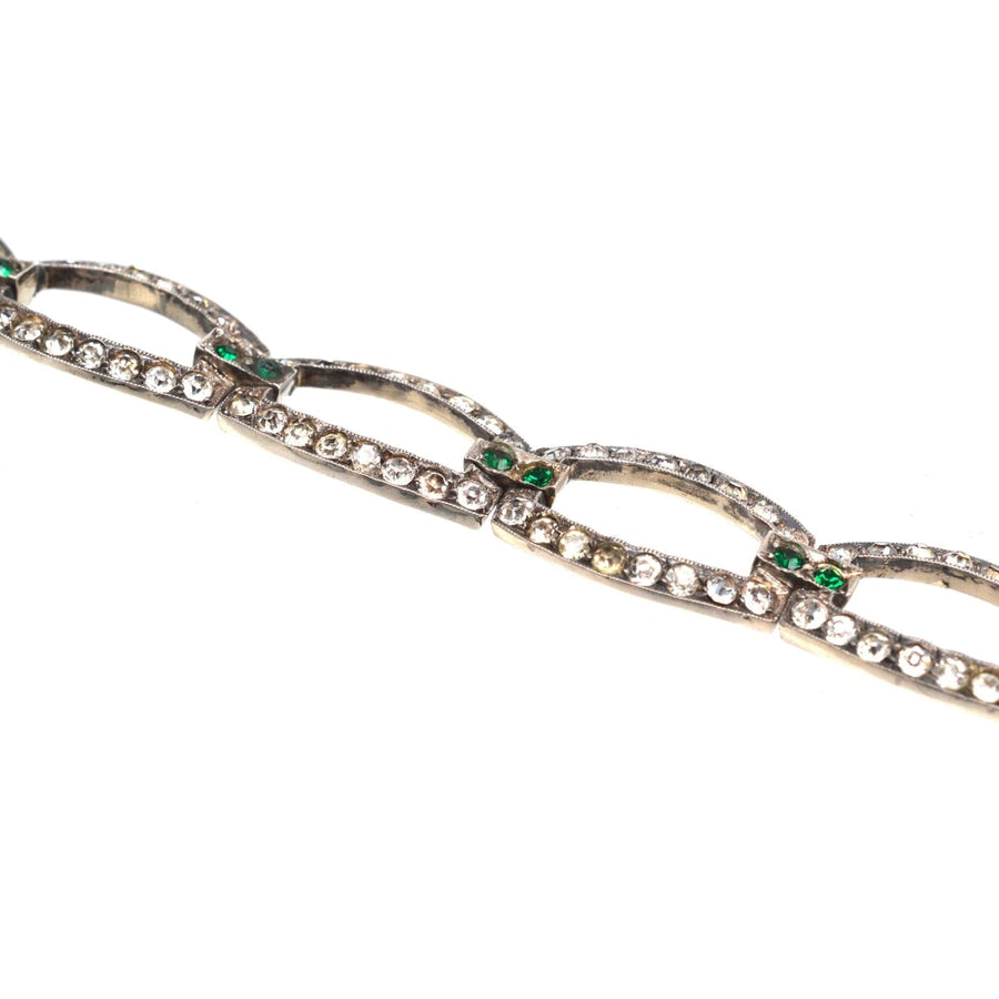 Art Deco green and white paste bracelet designed to resemble diamonds and emeralds, perfect for elegant occasions.
