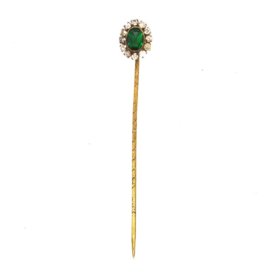 Art Deco green and white paste cluster tie pin, perfect for stylish silk ties, featuring a bold emerald centerpiece.